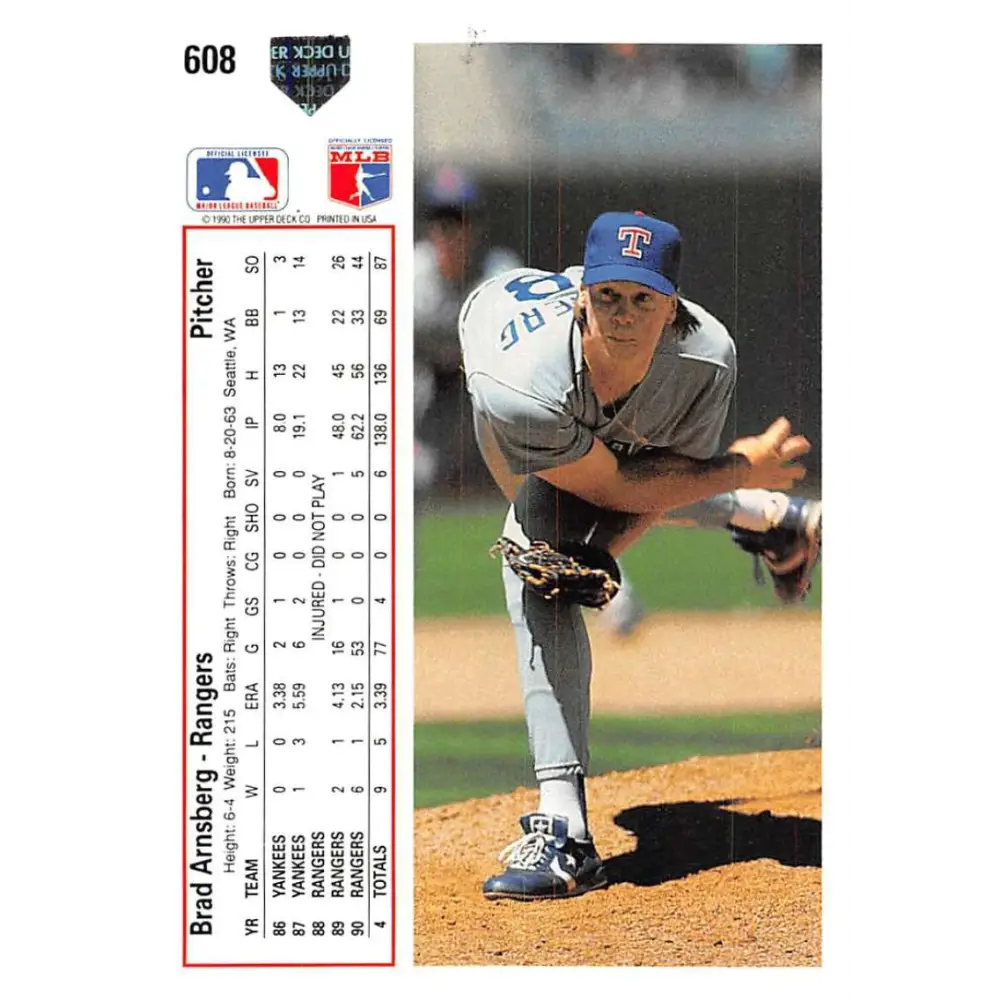 1991 Upper Deck #608 Brad Arnsberg EX Excellent Texas Rangers Baseball Card  Image 2