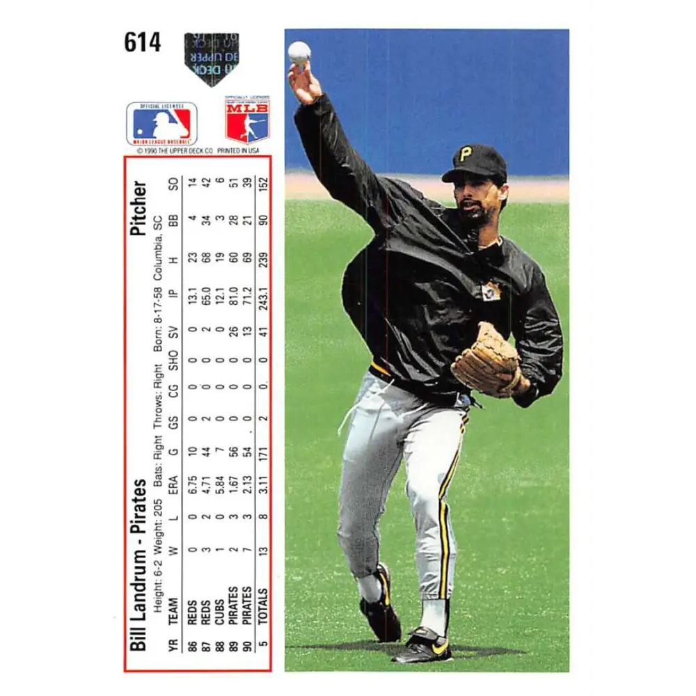1991 Upper Deck #614 Bill Landrum NM-MT Pittsburgh Pirates Baseball Card Image 2
