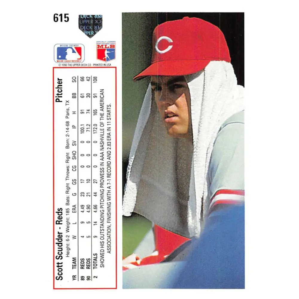 1991 Upper Deck #615 Scott Scudder NM-MT Cincinnati Reds Baseball Card Image 2