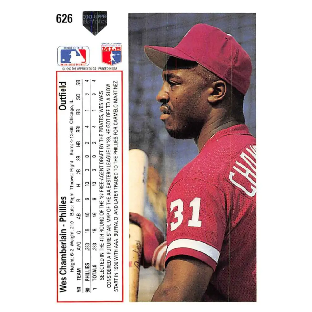 1991 Upper Deck #626 Wes Chamberlain NM-MT RC Rookie Philadelphia Phillies Baseball Card Image 2