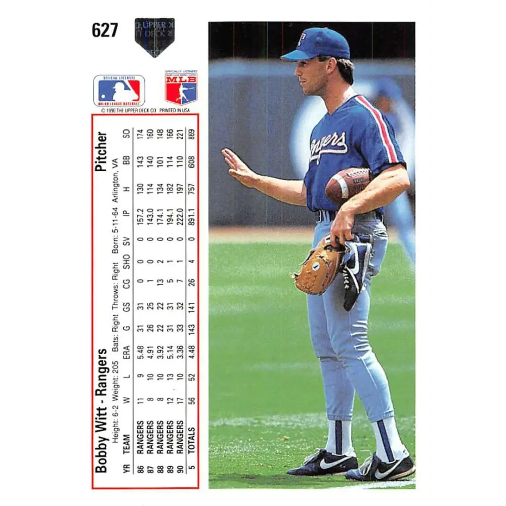 1991 Upper Deck #627 Bobby Witt NM-MT Texas Rangers Baseball Card Image 2