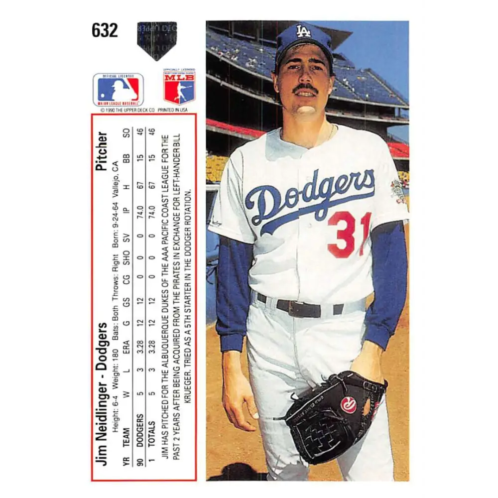 1991 Upper Deck #632 Jim Neidlinger EX Excellent RC Rookie Los Angeles Dodgers Baseball Card  Image 2