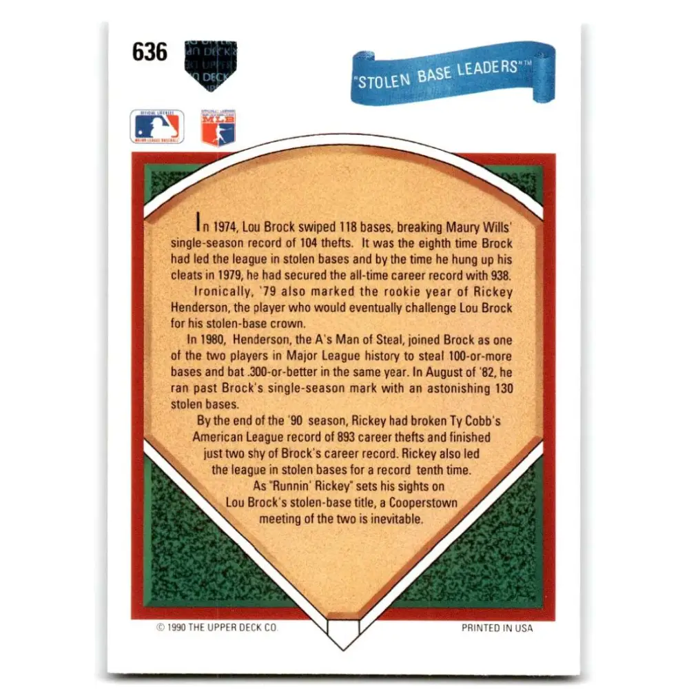 1991 Upper Deck #636 Rickey Henderson/Lou Brock EX Excellent Baseball Card  Image 2