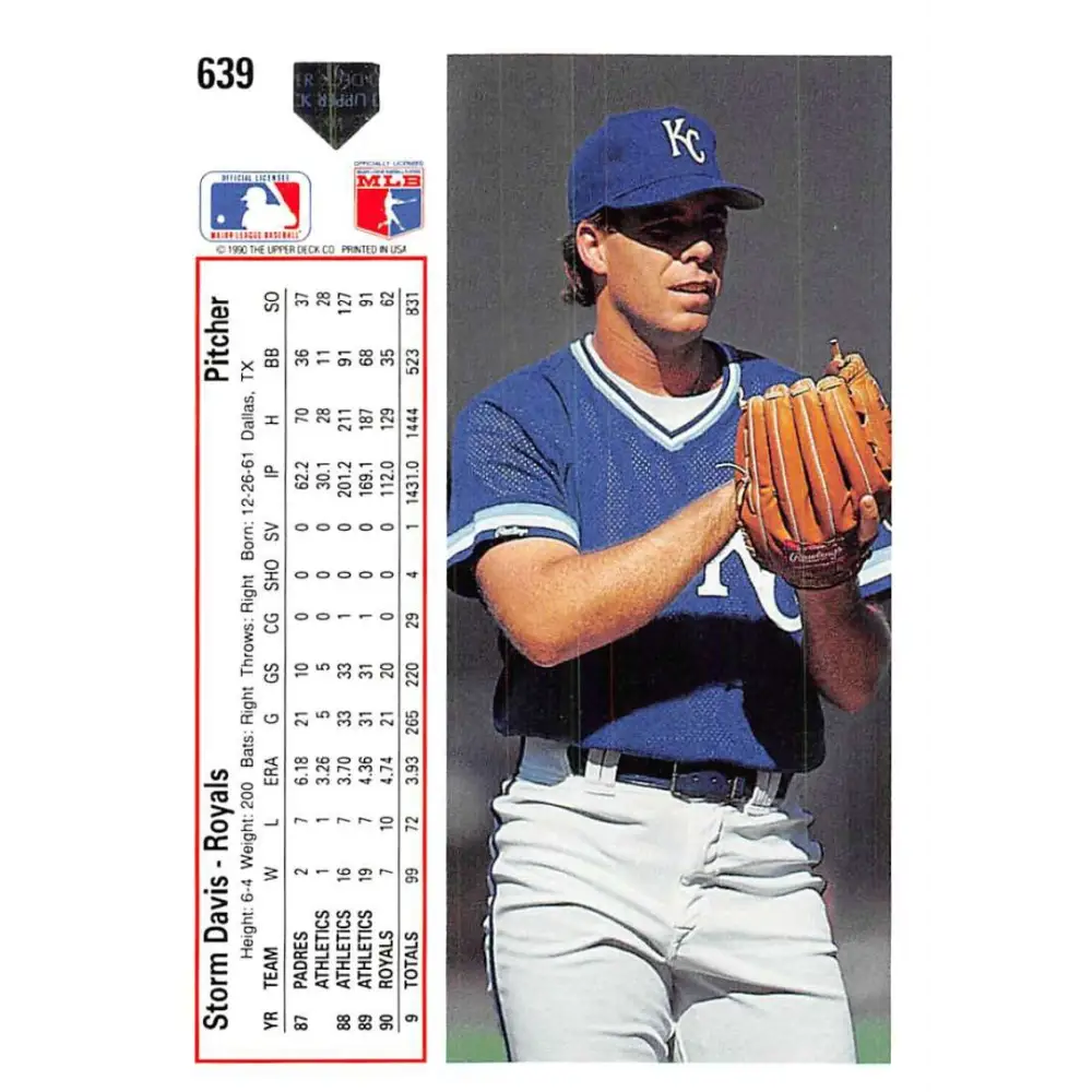 1991 Upper Deck #639 Storm Davis NM-MT Kansas City Royals Baseball Card Image 2