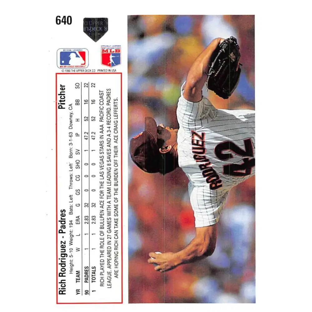 1991 Upper Deck #640 Rich Rodriguez EX Excellent RC Rookie San Diego Padres Baseball Card  Image 2