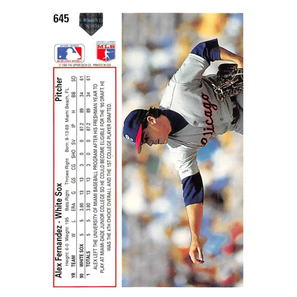 1991 Upper Deck #645 Alex Fernandez EX Excellent Chicago White Sox Baseball Card  Image 2