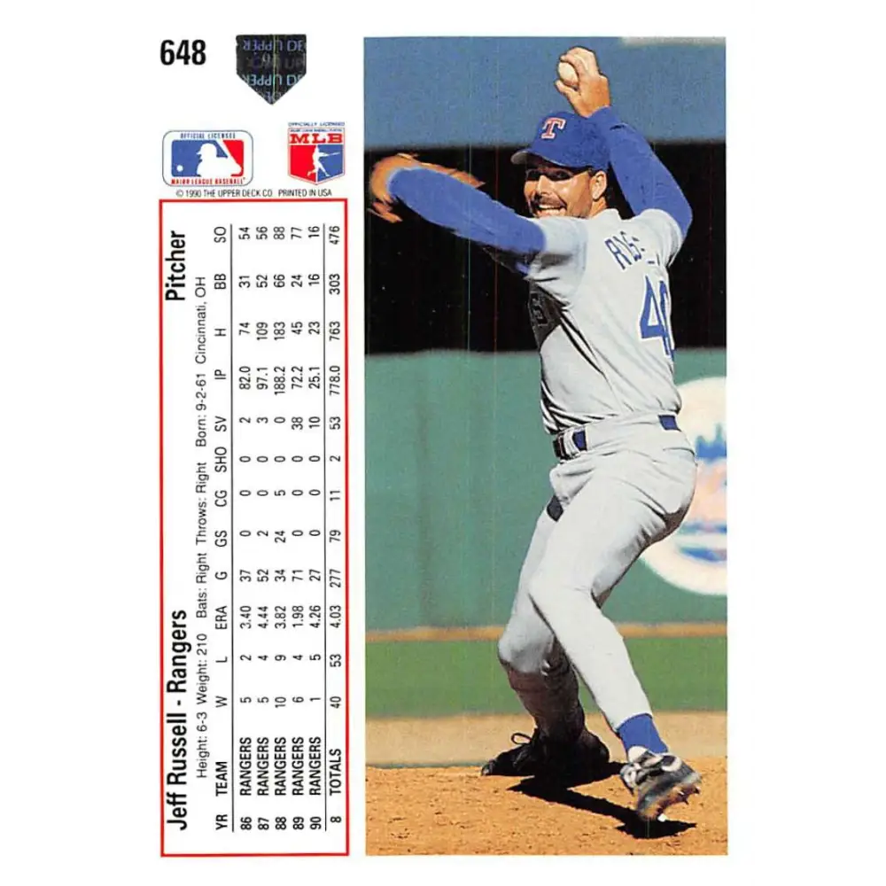 1991 Upper Deck #648 Jeff Russell NM-MT Texas Rangers Baseball Card Image 2