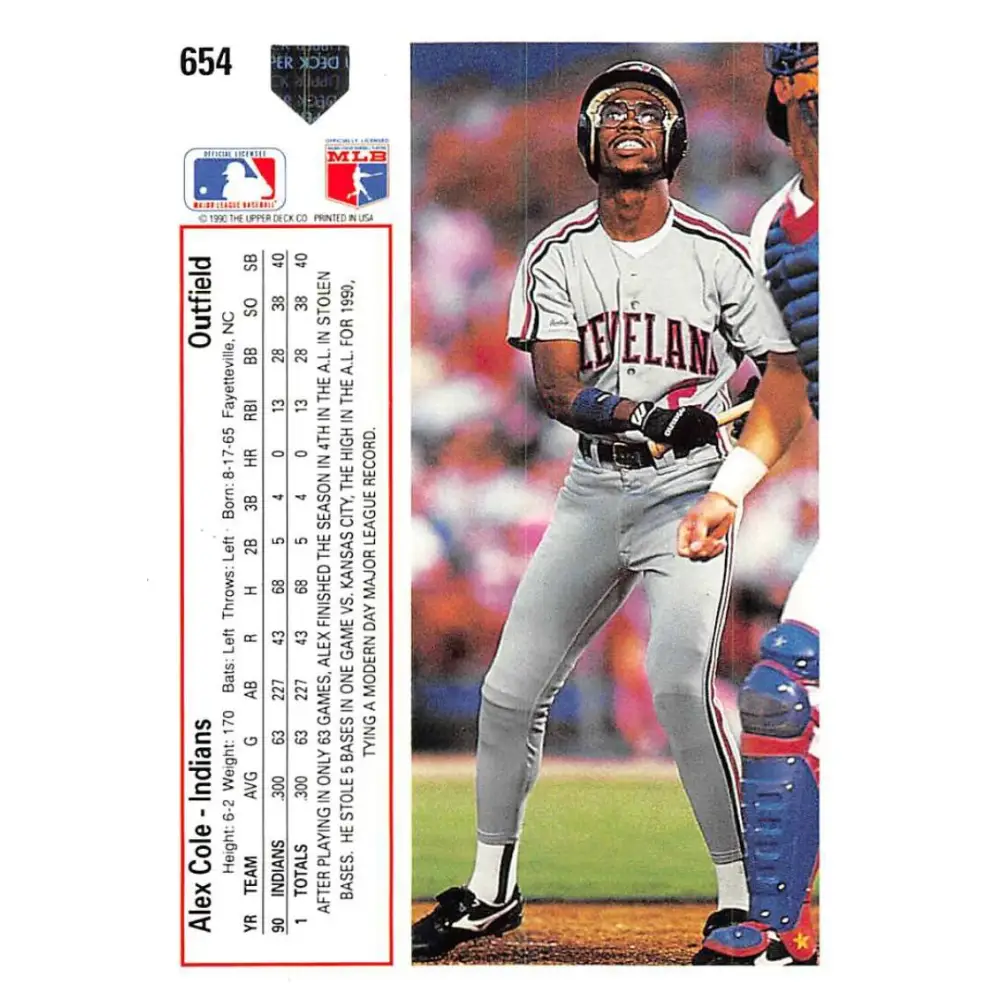 1991 Upper Deck #654 Alex Cole EX Excellent Cleveland Indians Baseball Card  Image 2
