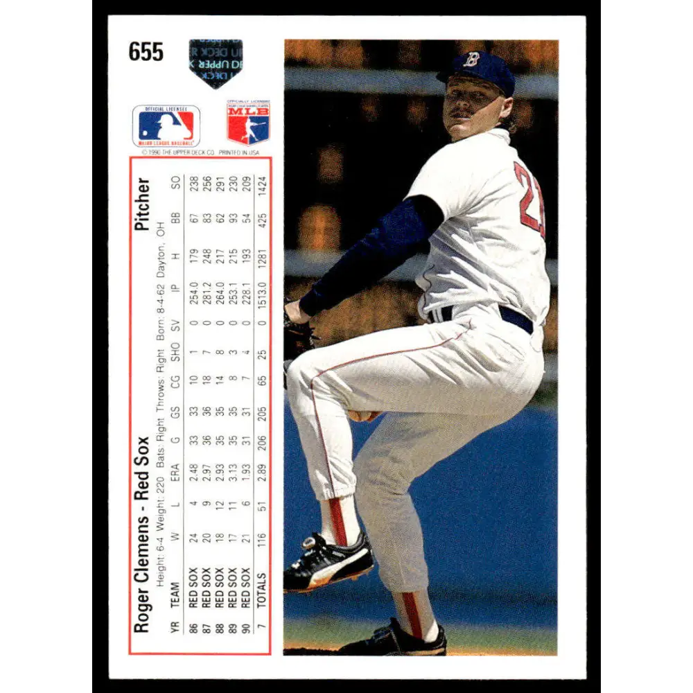 1991 Upper Deck #655 Roger Clemens EX/NM Boston Red Sox Baseball Card Image 2