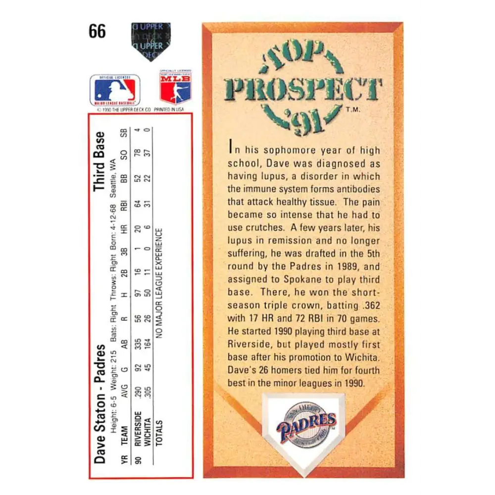 1991 Upper Deck #66 Dave Staton TP NM-MT RC Rookie San Diego Padres Baseball Card Image 2