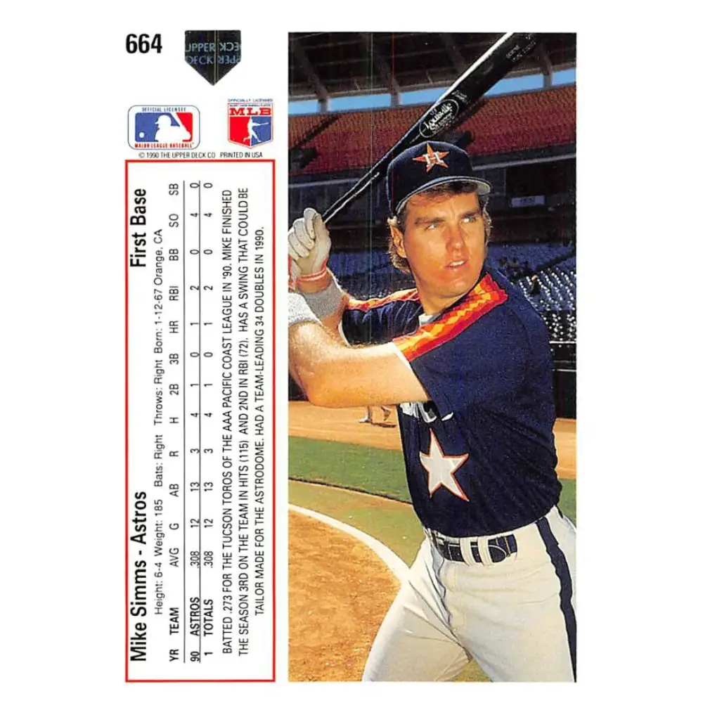 1991 Upper Deck #664 Mike Simms NM-MT RC Rookie Houston Astros Baseball Card Image 2