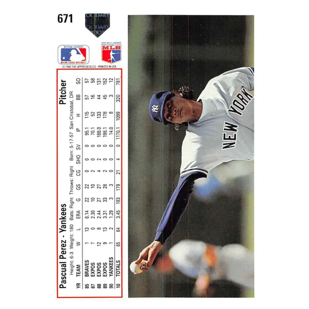 1991 Upper Deck #671 Pascual Perez NM-MT New York Yankees Baseball Card Image 2