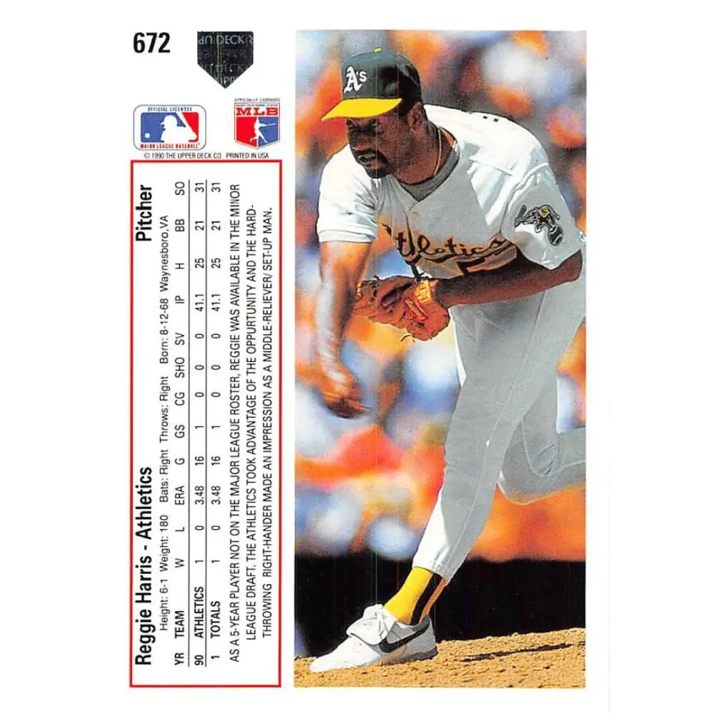 1991 Upper Deck #672 Reggie Harris UER NM-MT Oakland Athletics Baseball Card Image 2