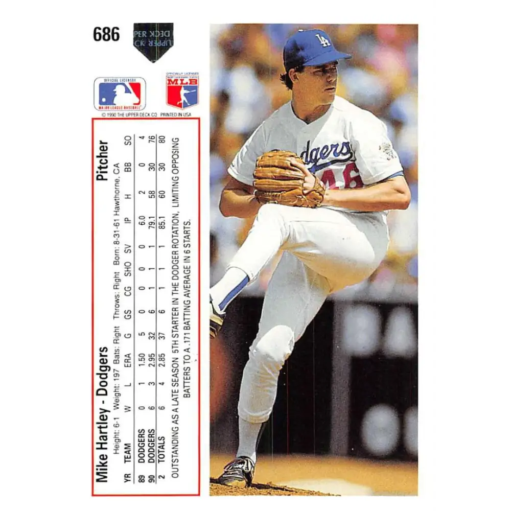 1991 Upper Deck #686 Mike Hartley NM-MT Los Angeles Dodgers Baseball Card Image 2