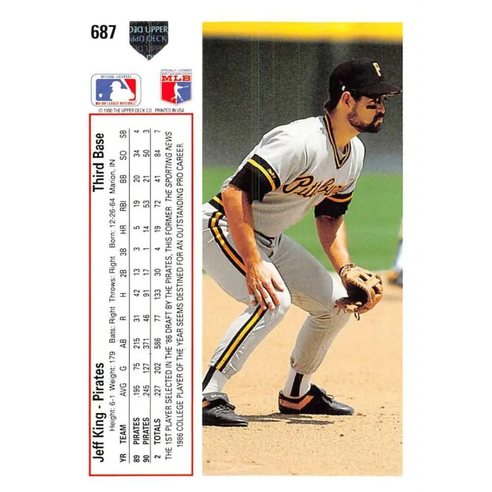 1991 Upper Deck #687 Jeff King NM-MT Pittsburgh Pirates Baseball Card Image 2