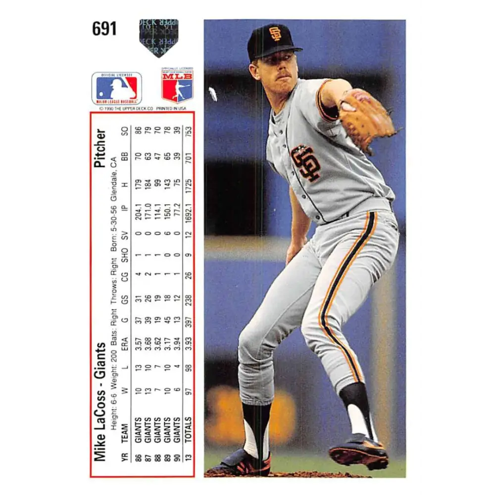 1991 Upper Deck #691 Mike LaCoss EX Excellent San Francisco Giants Baseball Card  Image 2