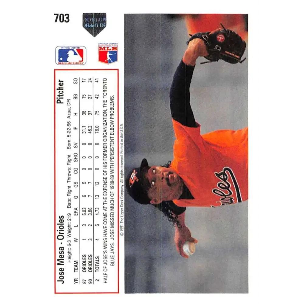 1991 Upper Deck #703 Jose Mesa NM-MT Baltimore Orioles Baseball Card Image 2