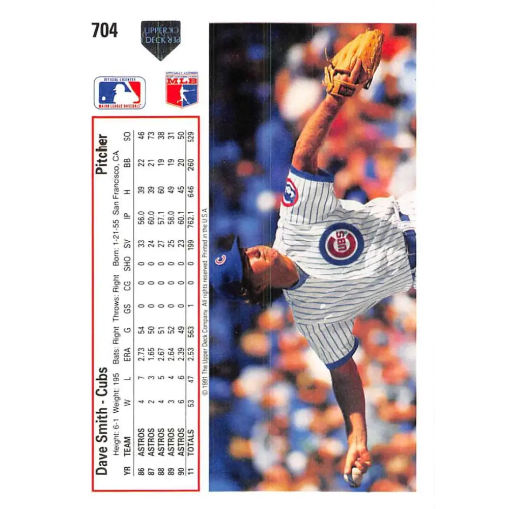 1991 Upper Deck #704 Dave Smith EX Excellent Chicago Cubs Baseball Card  Image 2