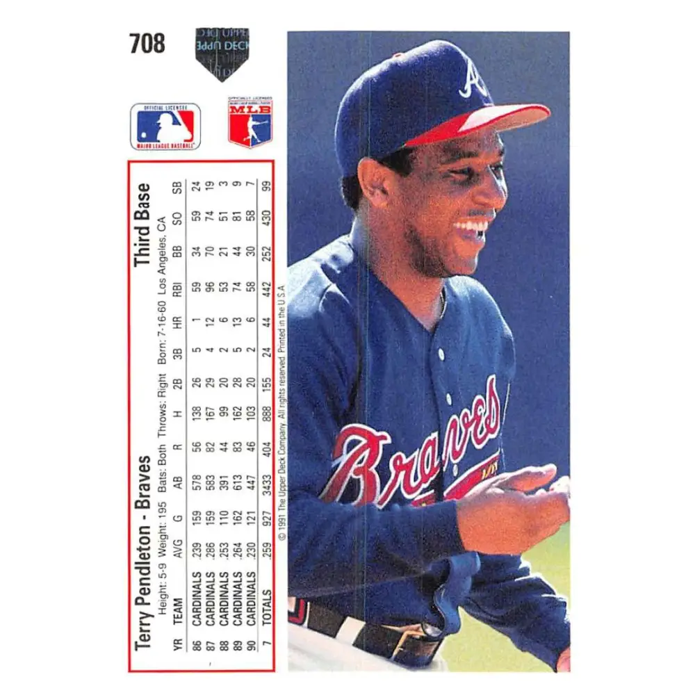 1991 Upper Deck #708 Terry Pendleton NM-MT Atlanta Braves Baseball Card Image 2