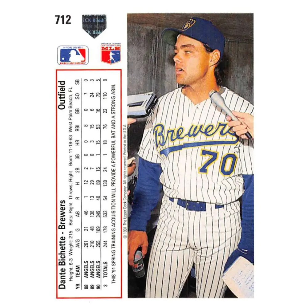 1991 Upper Deck #712 Dante Bichette EX Excellent Milwaukee Brewers Baseball Card  Image 2