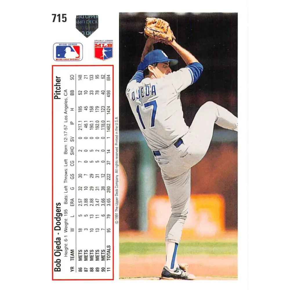 1991 Upper Deck #715 Bob Ojeda EX Excellent Los Angeles Dodgers Baseball Card  Image 2