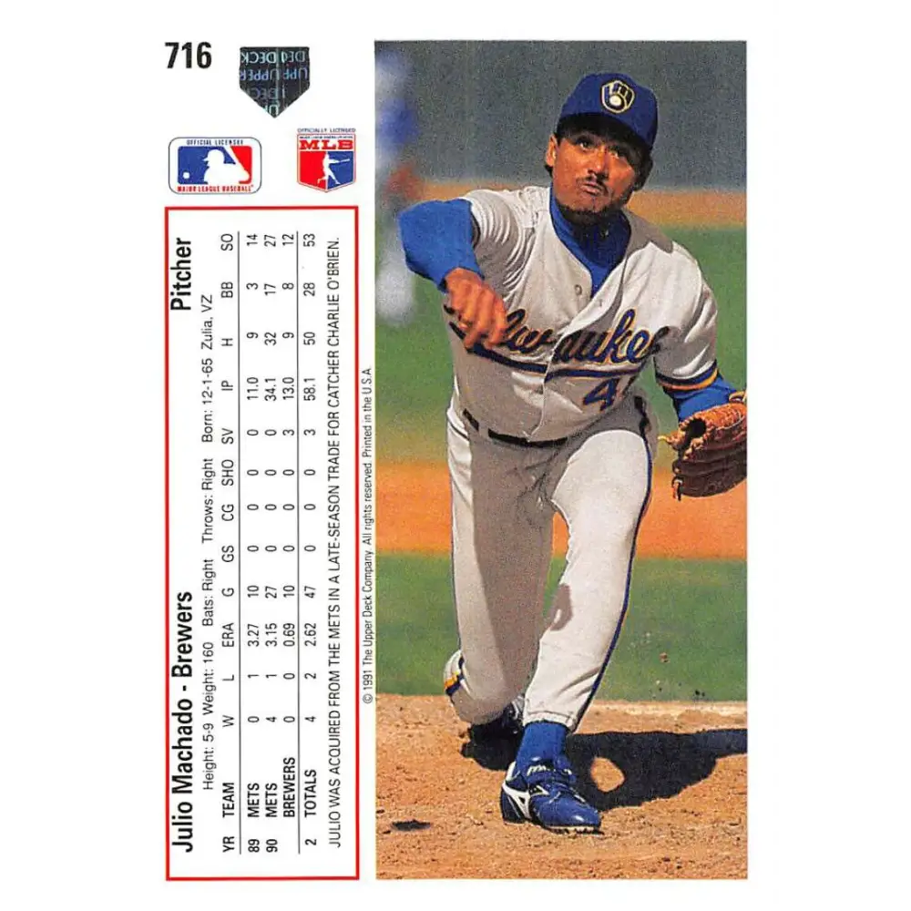 1991 Upper Deck #716 Julio Machado EX Excellent Milwaukee Brewers Baseball Card  Image 2