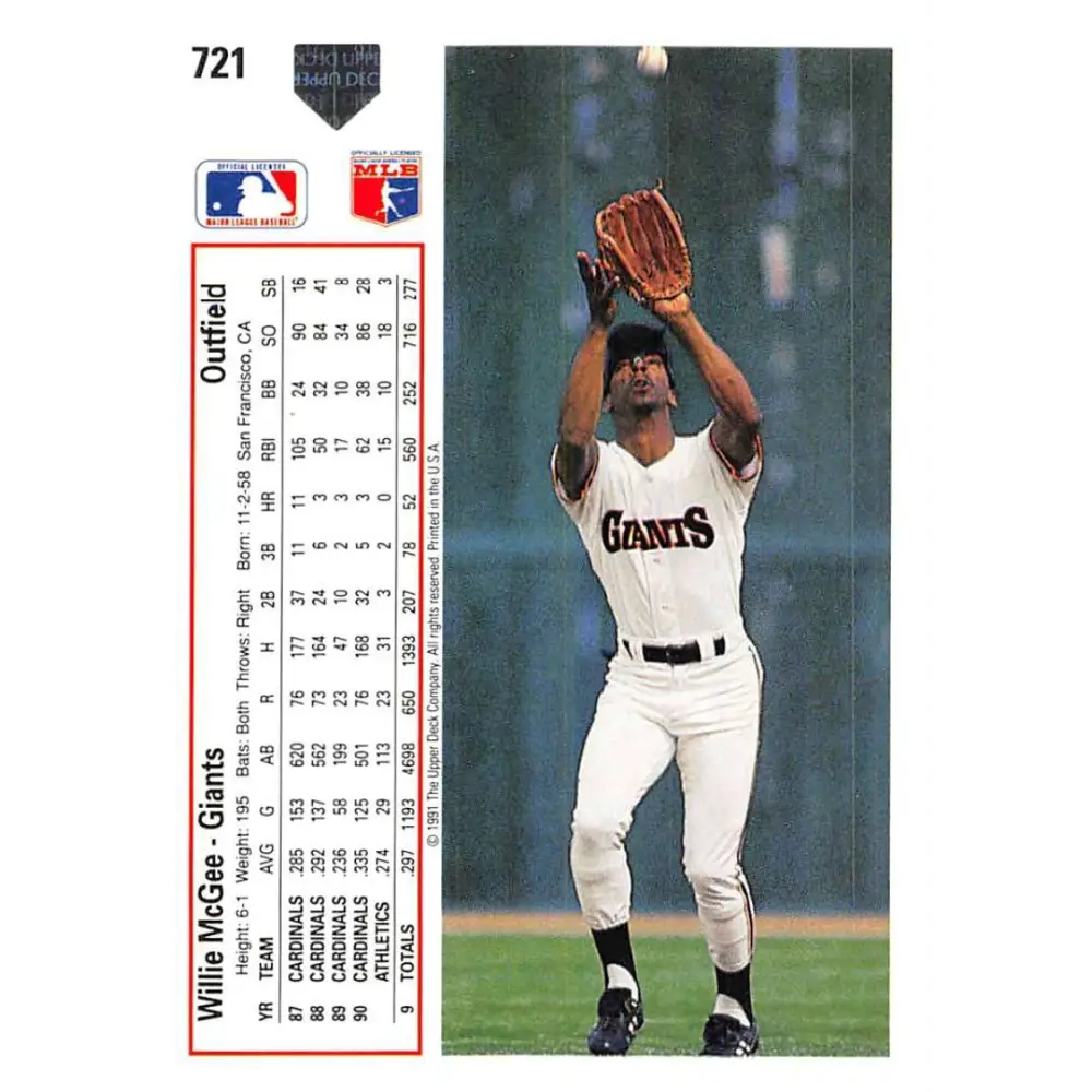 1991 Upper Deck #721 Willie McGee EX Excellent San Francisco Giants Baseball Card  Image 2