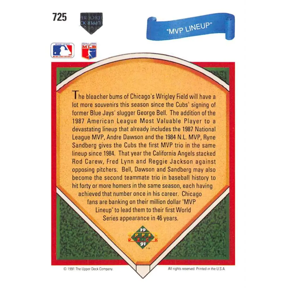 1991 Upper Deck #725 Andre Dawson/George Bell/Ryne Sandberg EX Excellent Chicago Cubs Baseball Card  Image 2