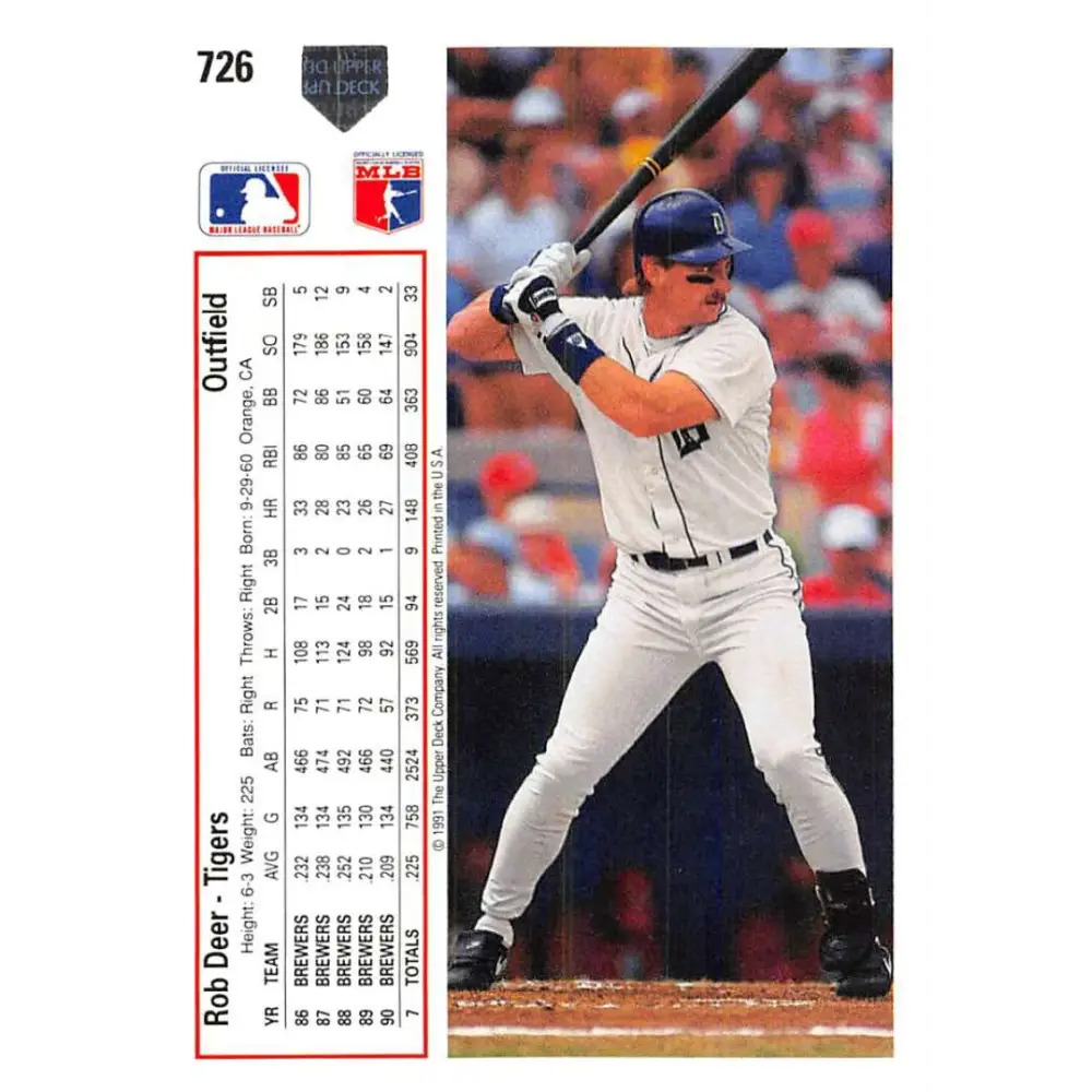 1991 Upper Deck #726 Rob Deer NM-MT Detroit Tigers Baseball Card Image 2