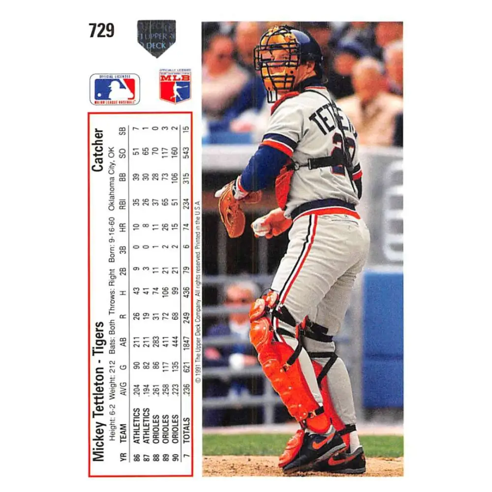 1991 Upper Deck #729 Mickey Tettleton EX Excellent Detroit Tigers Baseball Card  Image 2