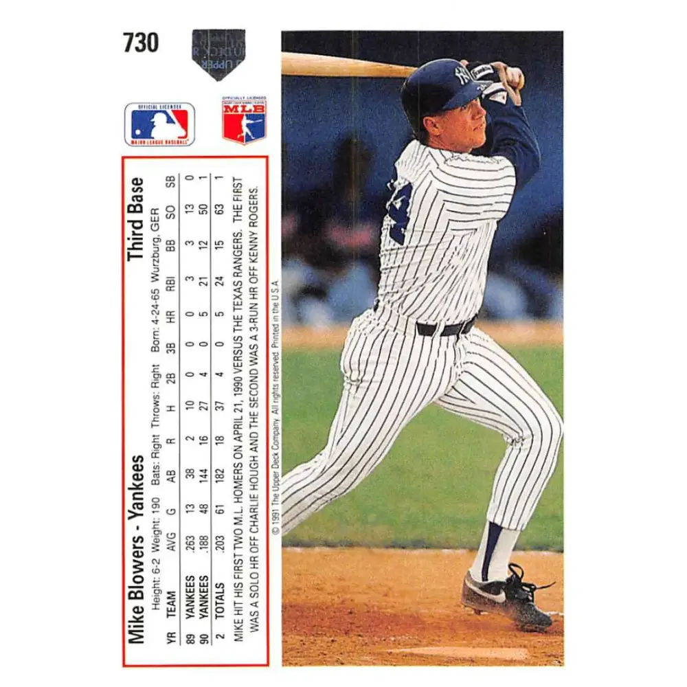 1991 Upper Deck #730 Mike Blowers NM-MT New York Yankees Baseball Card Image 2