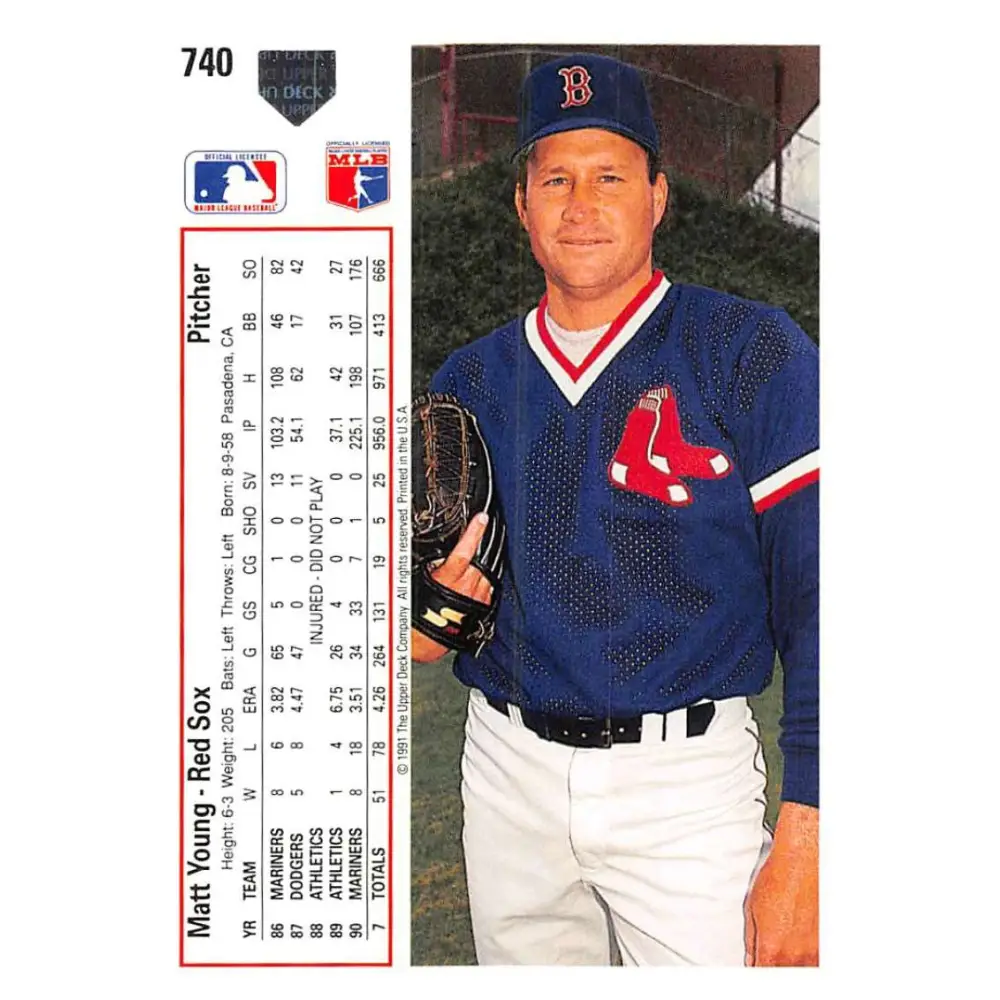 1991 Upper Deck #740 Matt Young NM-MT Boston Red Sox Baseball Card Image 2