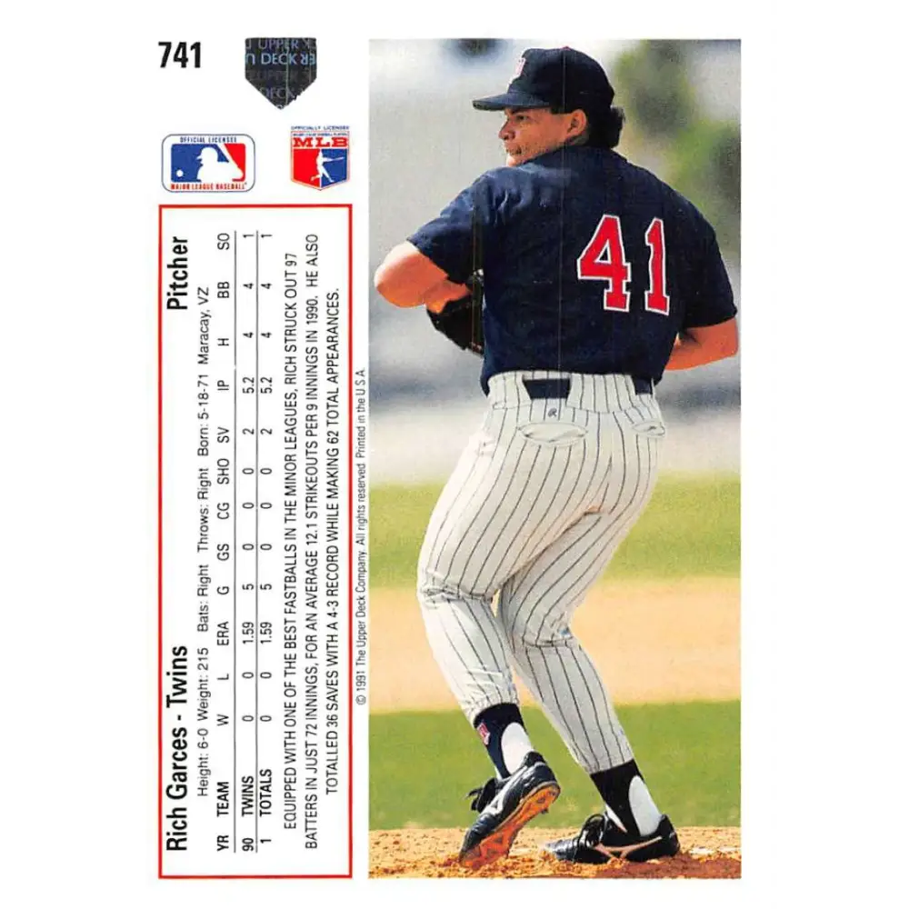 1991 Upper Deck #741 Rich Garces EX Excellent RC Rookie Minnesota Twins Baseball Card  Image 2