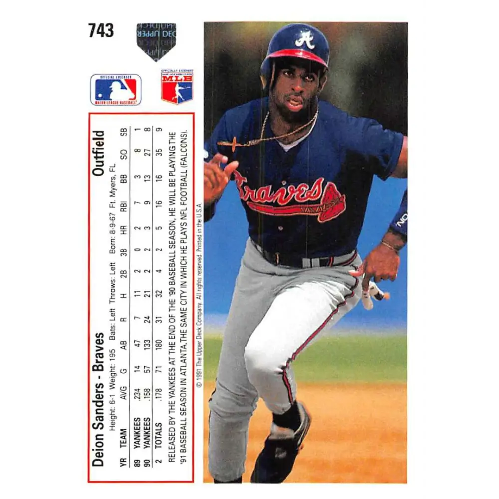 1991 Upper Deck #743 Deion Sanders NM-MT Atlanta Braves Baseball Card Image 2