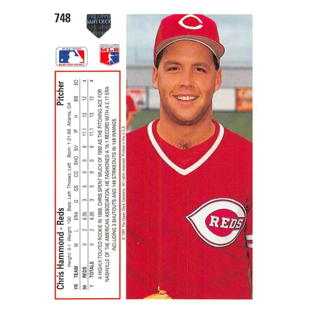 1991 Upper Deck #748 Chris Hammond NM-MT Cincinnati Reds Baseball Card Image 2
