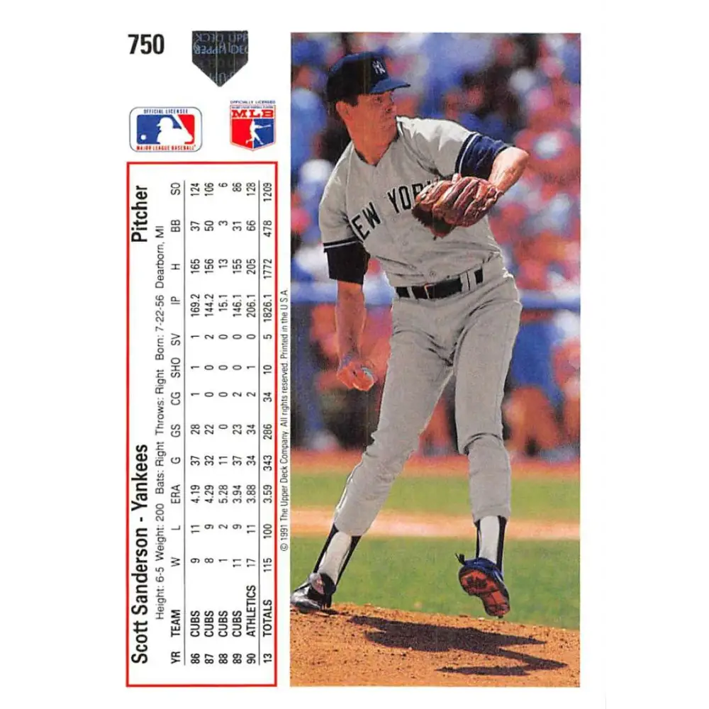 1991 Upper Deck #750 Scott Sanderson NM-MT New York Yankees Baseball Card Image 2