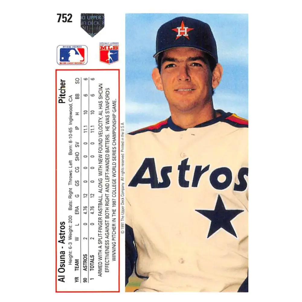1991 Upper Deck #752 Al Osuna EX Excellent RC Rookie Houston Astros Baseball Card  Image 2