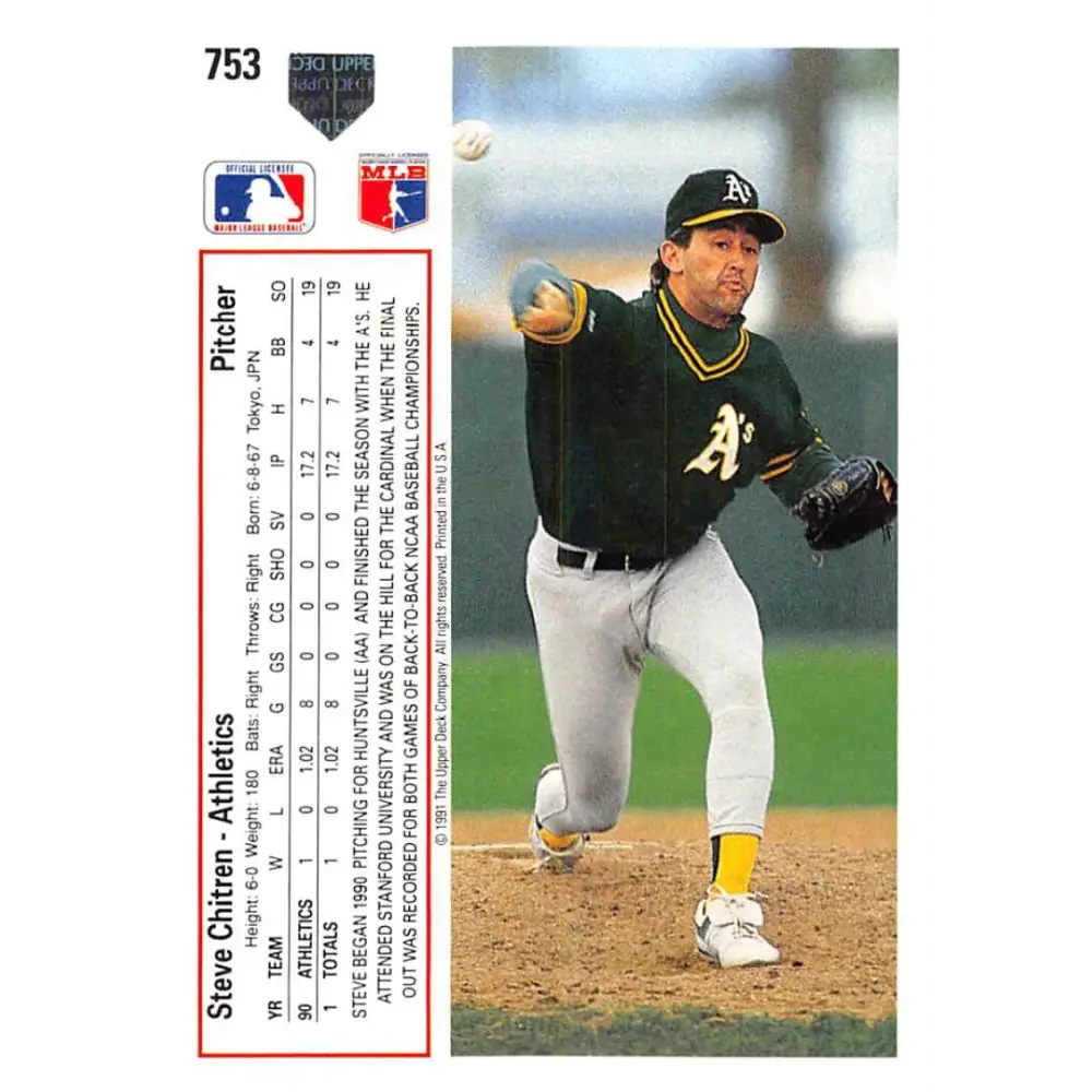 1991 Upper Deck #753 Steve Chitren EX Excellent RC Rookie Oakland Athletics Baseball Card  Image 2