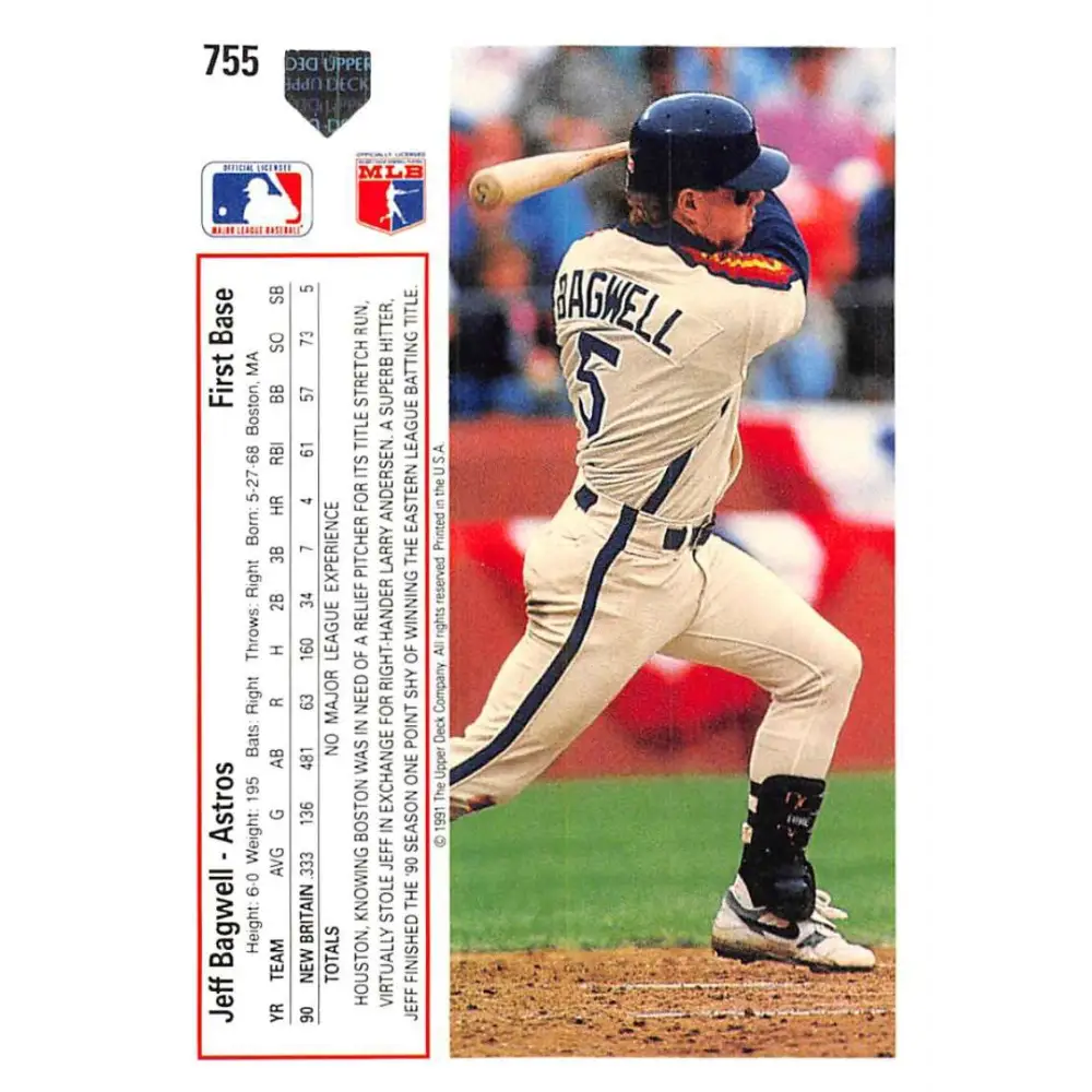 1991 Upper Deck #755 Jeff Bagwell EX Excellent RC Rookie Houston Astros Baseball Card  Image 2