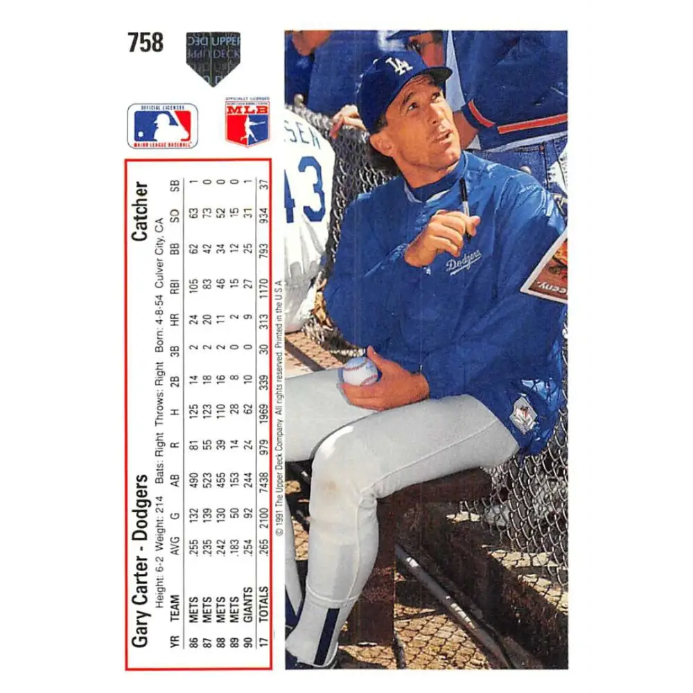 1991 Upper Deck #758 Gary Carter NM-MT Los Angeles Dodgers Baseball Card Image 2