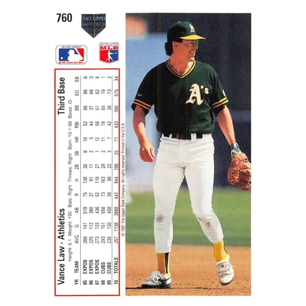 1991 Upper Deck #760 Vance Law NM-MT Oakland Athletics Baseball Card Image 2