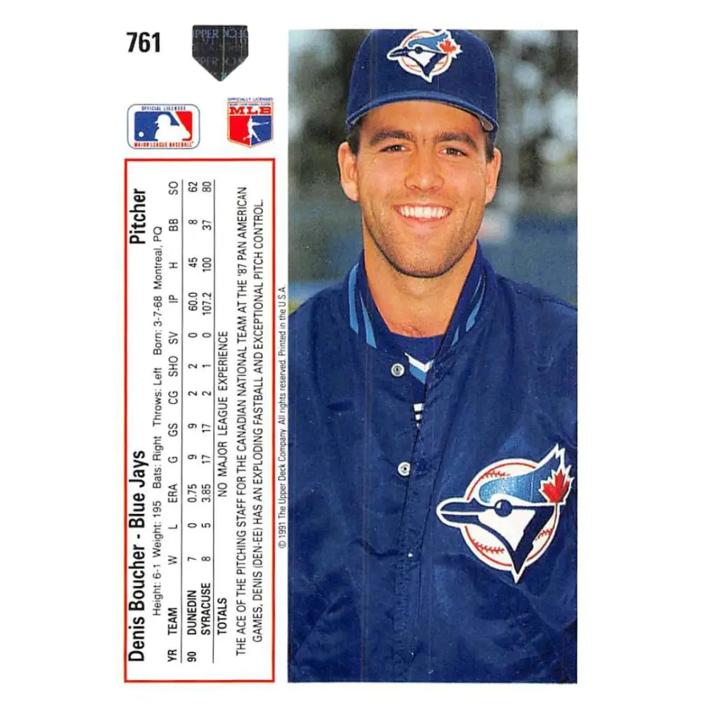 1991 Upper Deck #761 Denis Boucher EX Excellent RC Rookie Toronto Blue Jays Baseball Card  Image 2