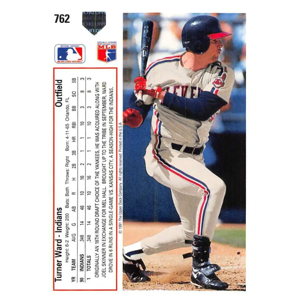 1991 Upper Deck #762 Turner Ward EX Excellent RC Rookie Cleveland Indians Baseball Card  Image 2