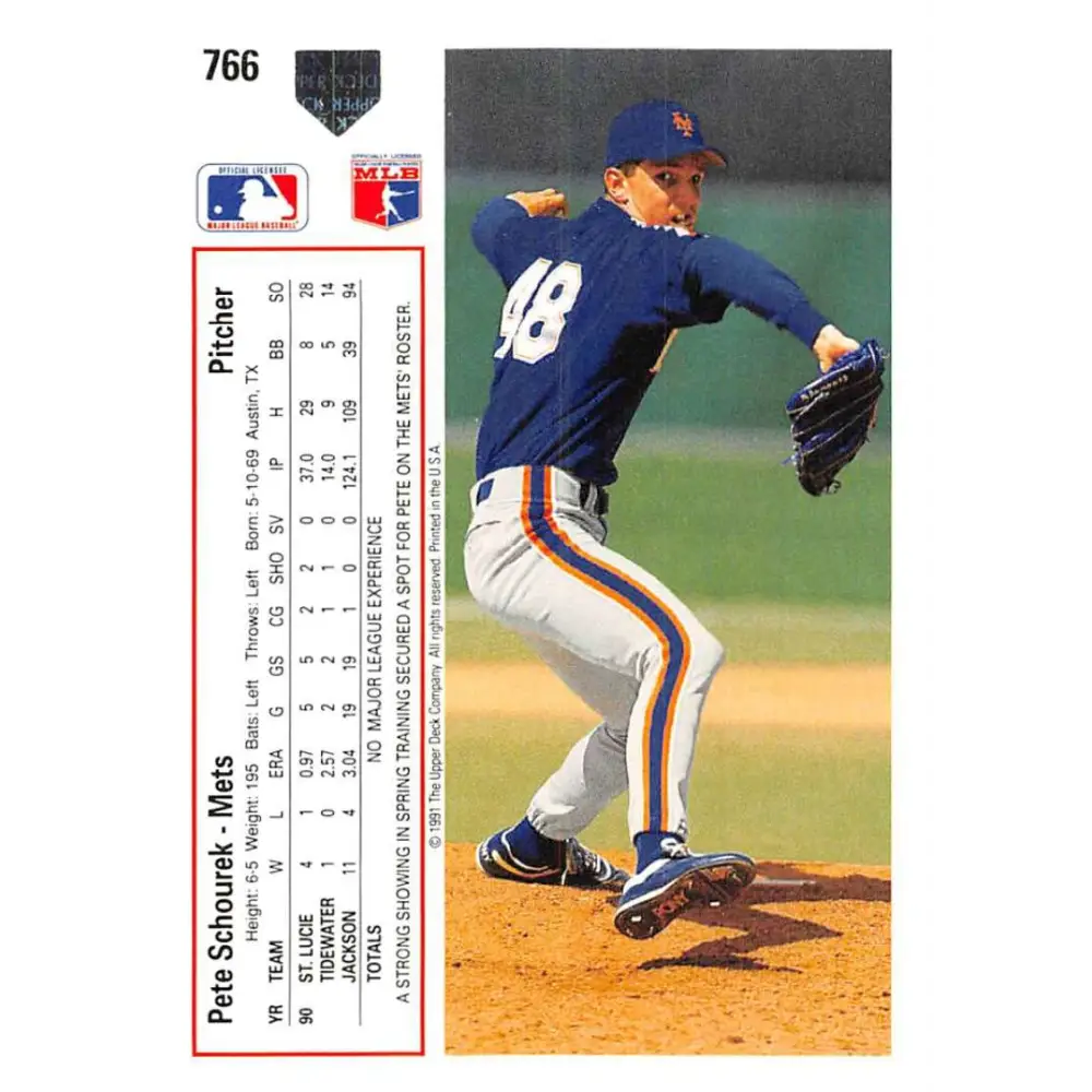 1991 Upper Deck #766 Pete Schourek NM-MT RC Rookie New York Mets Baseball Card Image 2