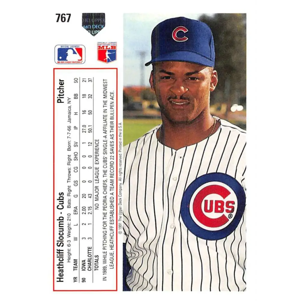 1991 Upper Deck #767 Heathcliff Slocumb EX Excellent RC Rookie Chicago Cubs Baseball Card  Image 2