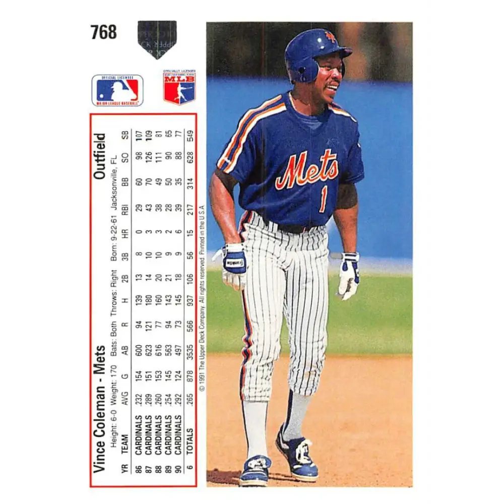 1991 Upper Deck #768 Vince Coleman EX Excellent New York Mets Baseball Card  Image 2