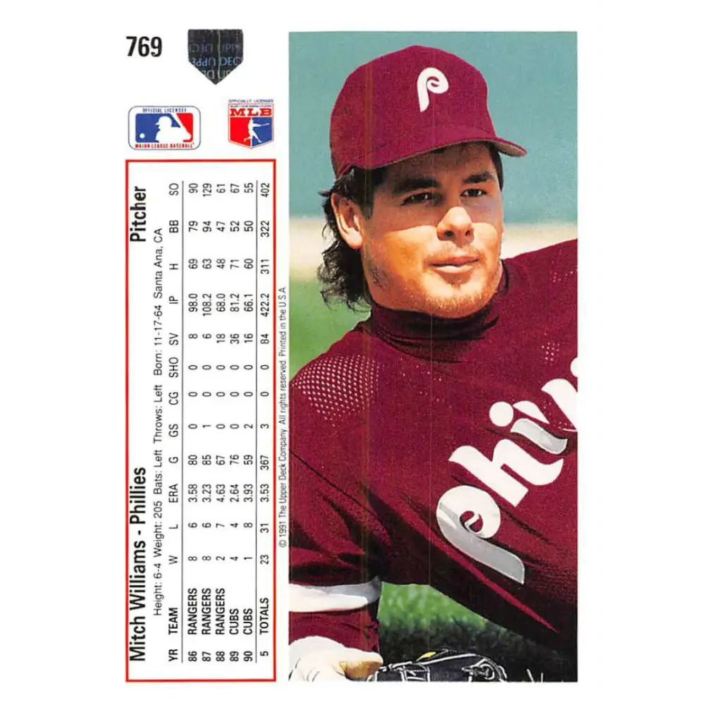 1991 Upper Deck #769 Mitch Williams EX Excellent Philadelphia Phillies Baseball Card  Image 2