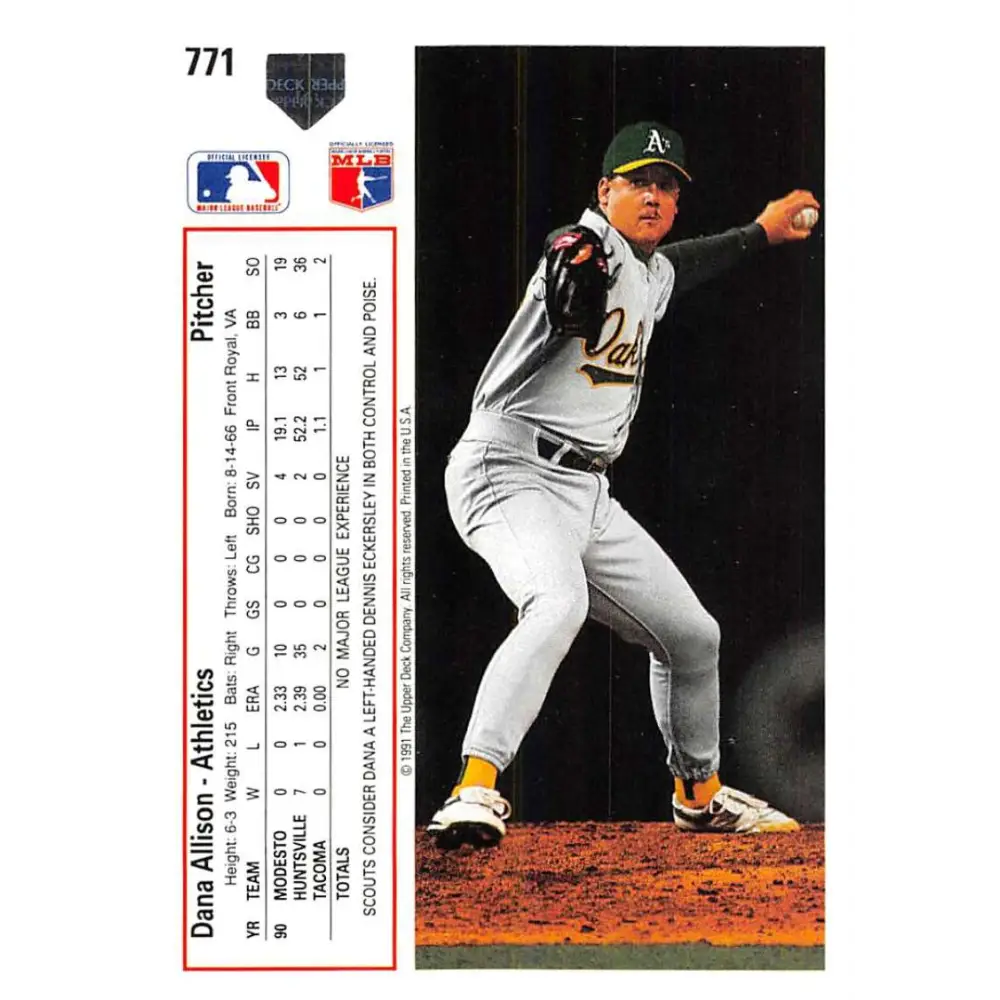 1991 Upper Deck #771 Dana Allison EX Excellent RC Rookie Oakland Athletics Baseball Card  Image 2