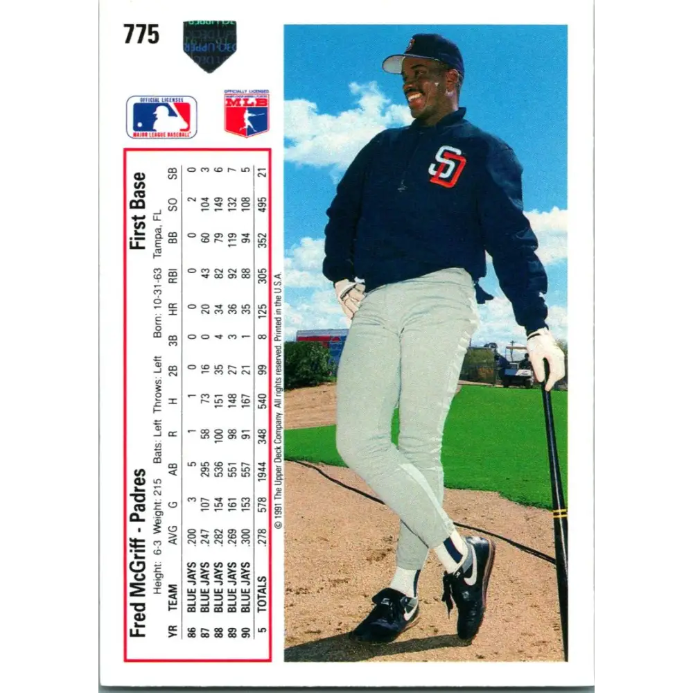 1991 Upper Deck #775 Fred McGriff NM-MT San Diego Padres Baseball Card Image 2