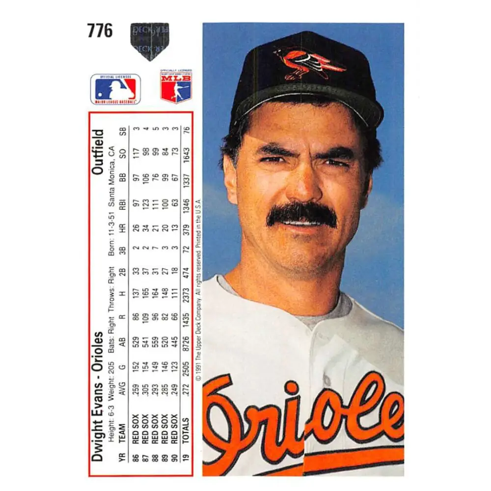 1991 Upper Deck #776 Dwight Evans NM-MT Baltimore Orioles Baseball Card Image 2